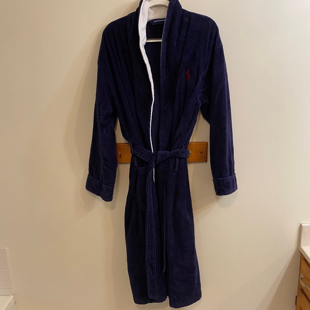 Polo Ralph Lauren VTG Robe Navy Red Fleece Lined Shawl Collar Belted Men OS - Picture 13 of 13